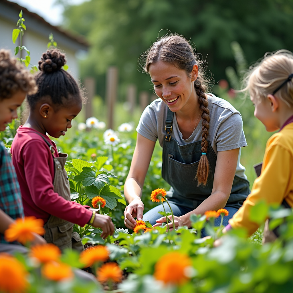 A person volunteering at a community garden, surrounded by blooming flowers and vegetables, with children learning about nature nearby