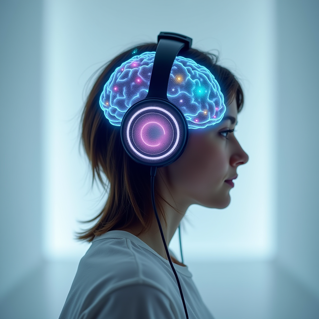 A person wearing high-tech headphones, their brain visible and pulsing with colorful theta and alpha waves in a serene, white room