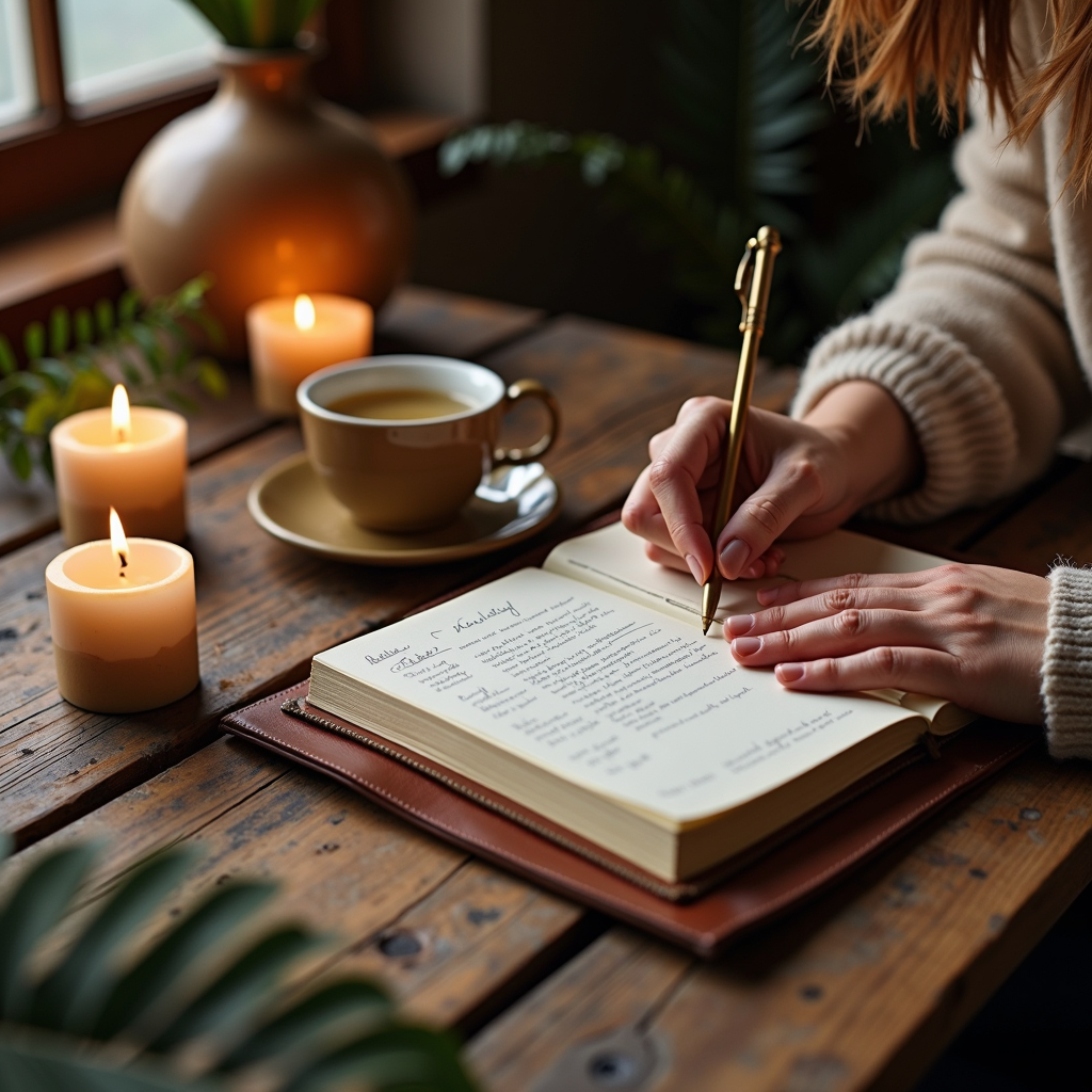 A person writing in a leather-bound gratitude journal, surrounded by candles and a steaming cup of herbal tea on a rustic wooden desk