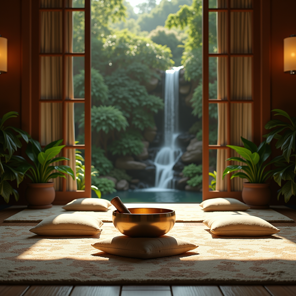 A serene meditation space with soft cushions, dimmed lighting, and a Tibetan singing bowl