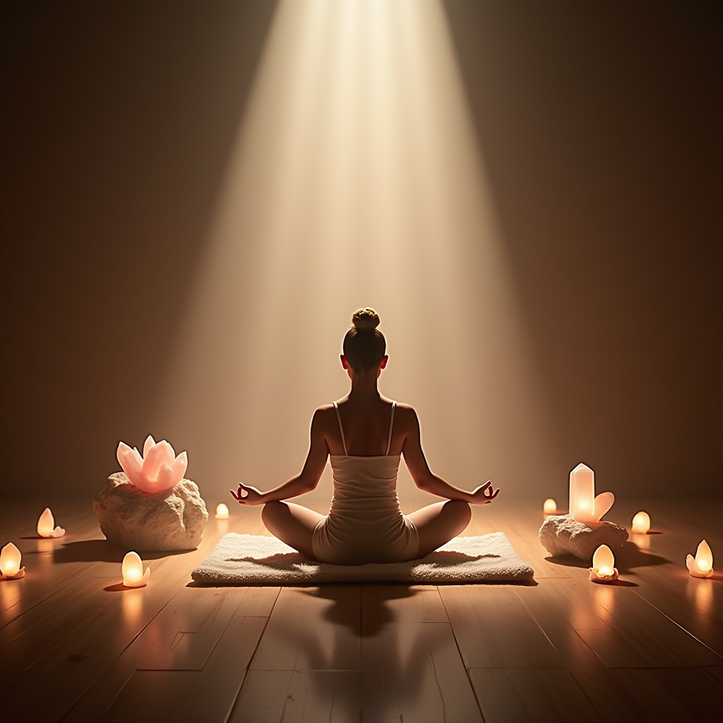 A serene meditation space with strategically placed crystals, soft lighting, and a person in lotus position surrounded by a glowing aura