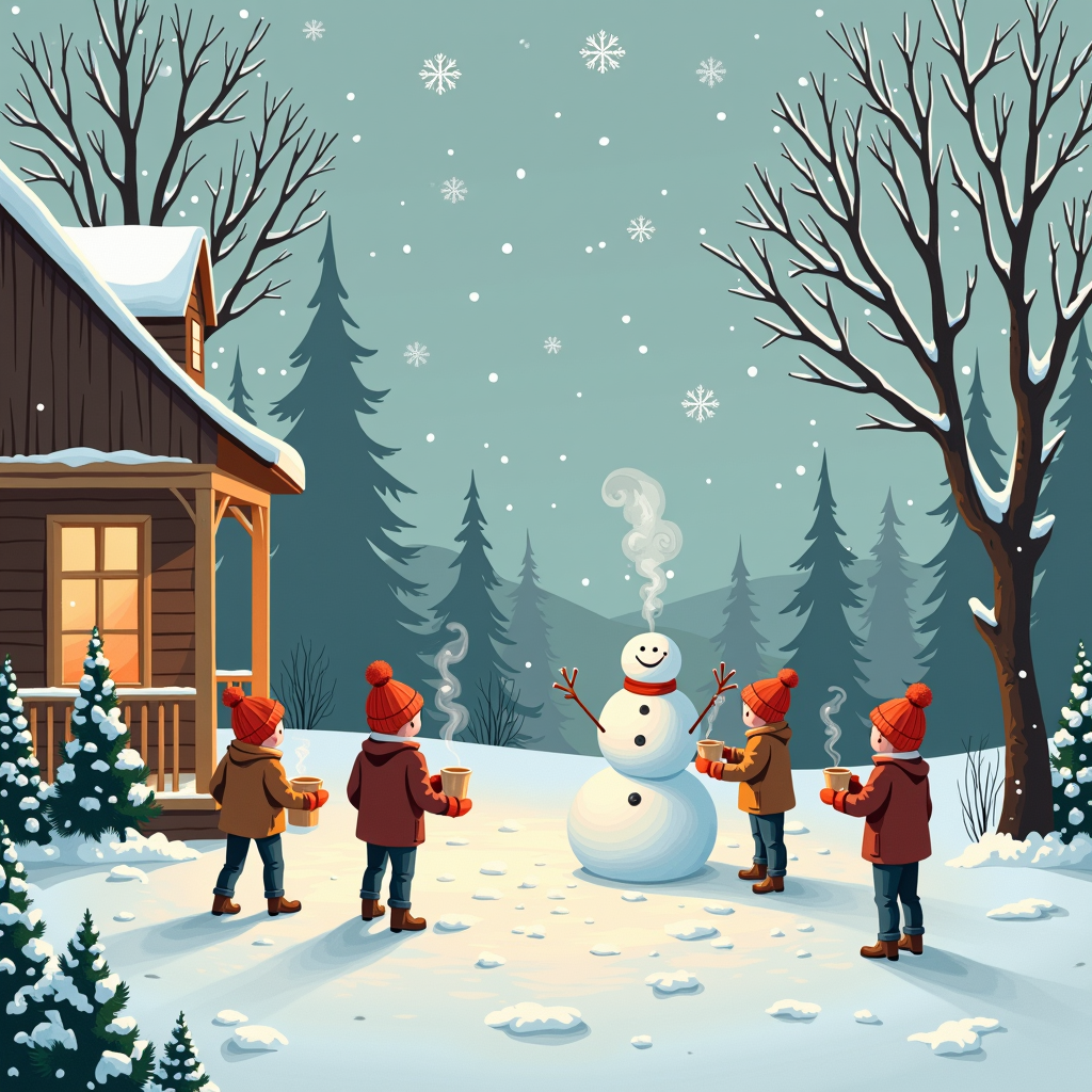 A serene winter landscape with gently falling snowflakes, children building snowmen, and steam rising from hot cocoa mugs on a nearby porch