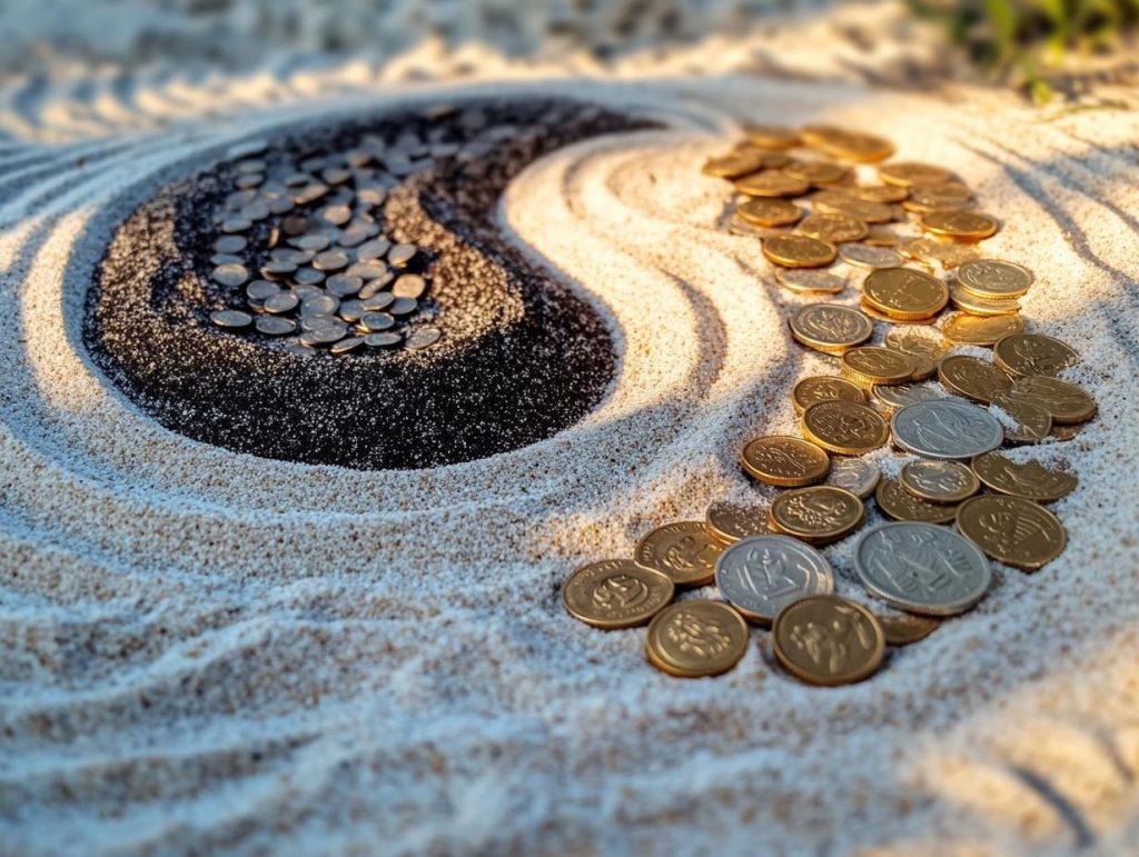 A serene zen garden with raked sand forming the yin-yang symbol, one half filled with coins