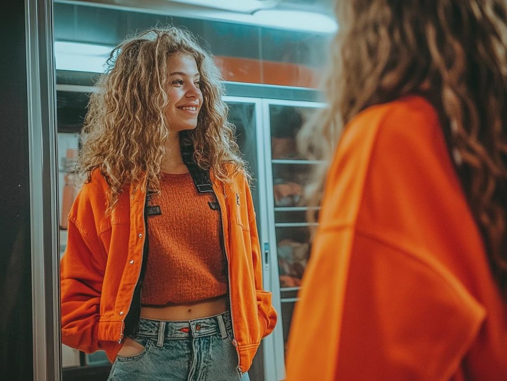 A student trying on different outfits in a mirror, balancing comfort and style, with a school locker