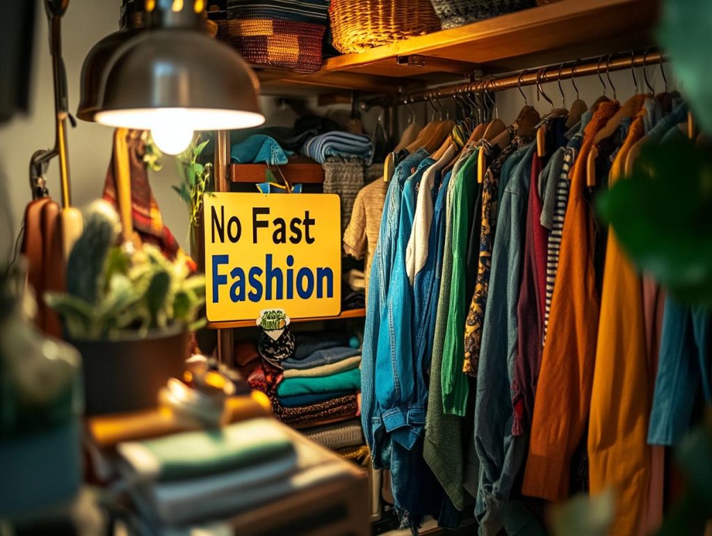 A students closet filled with eco-friendly and ethically produced clothing, with upcycled items