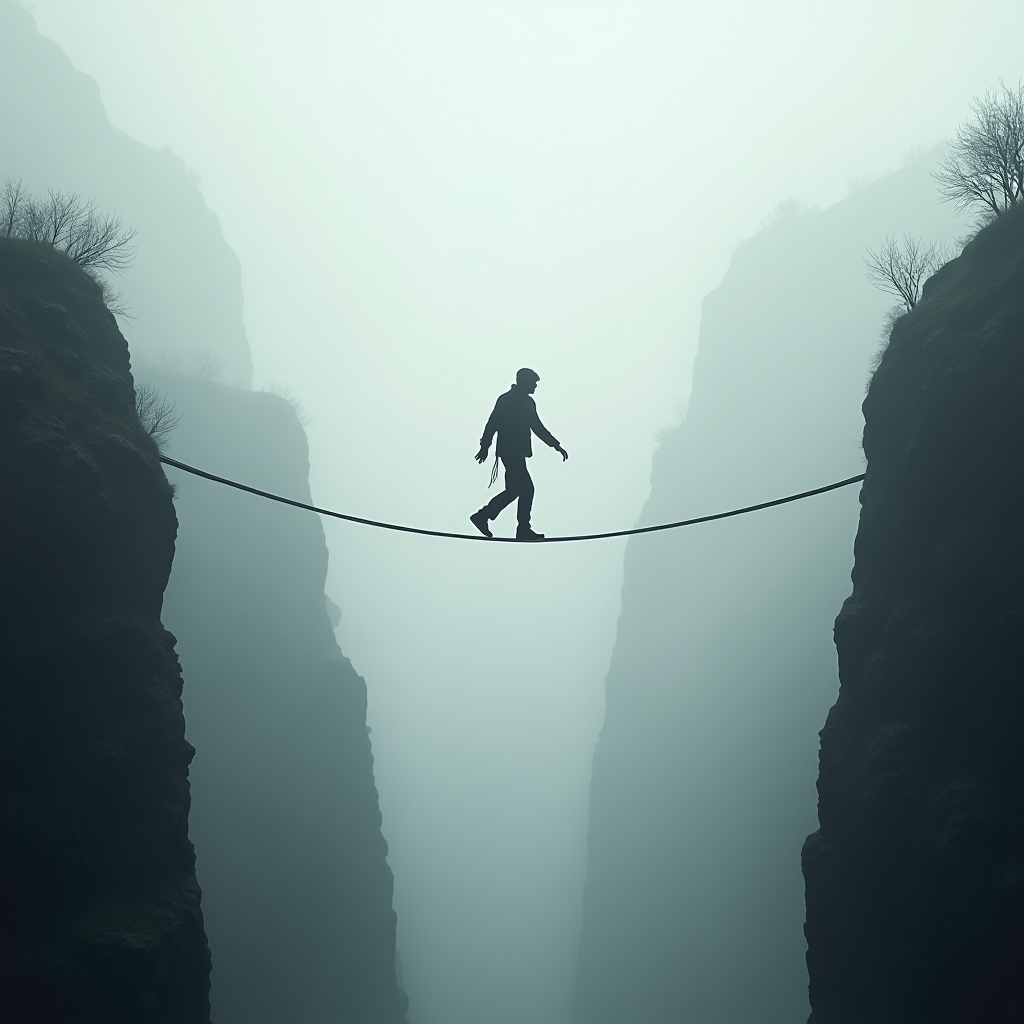 A tightrope walker balancing action and faith, walking between two cliffs, with one foot taking a step and the other firmly planted, misty atmosphere