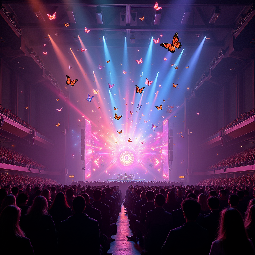 A vibrant concert hall where musical notes transform into colorful butterflies, influencing the audience's auras and manifestations