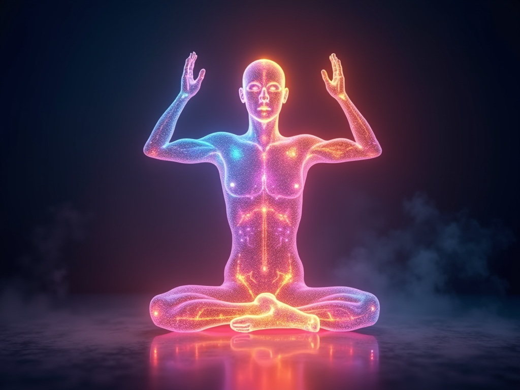 A vibrant, glowing human figure in a yoga pose, radiating colorful energy waves