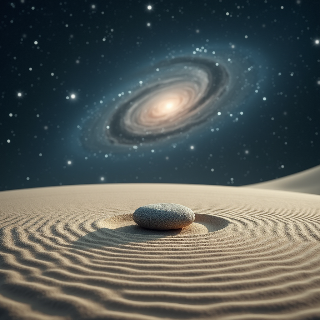 A zen garden with perfectly raked sand, a single stone representing detachment floating above the surface, surrounded by a swirling galaxy