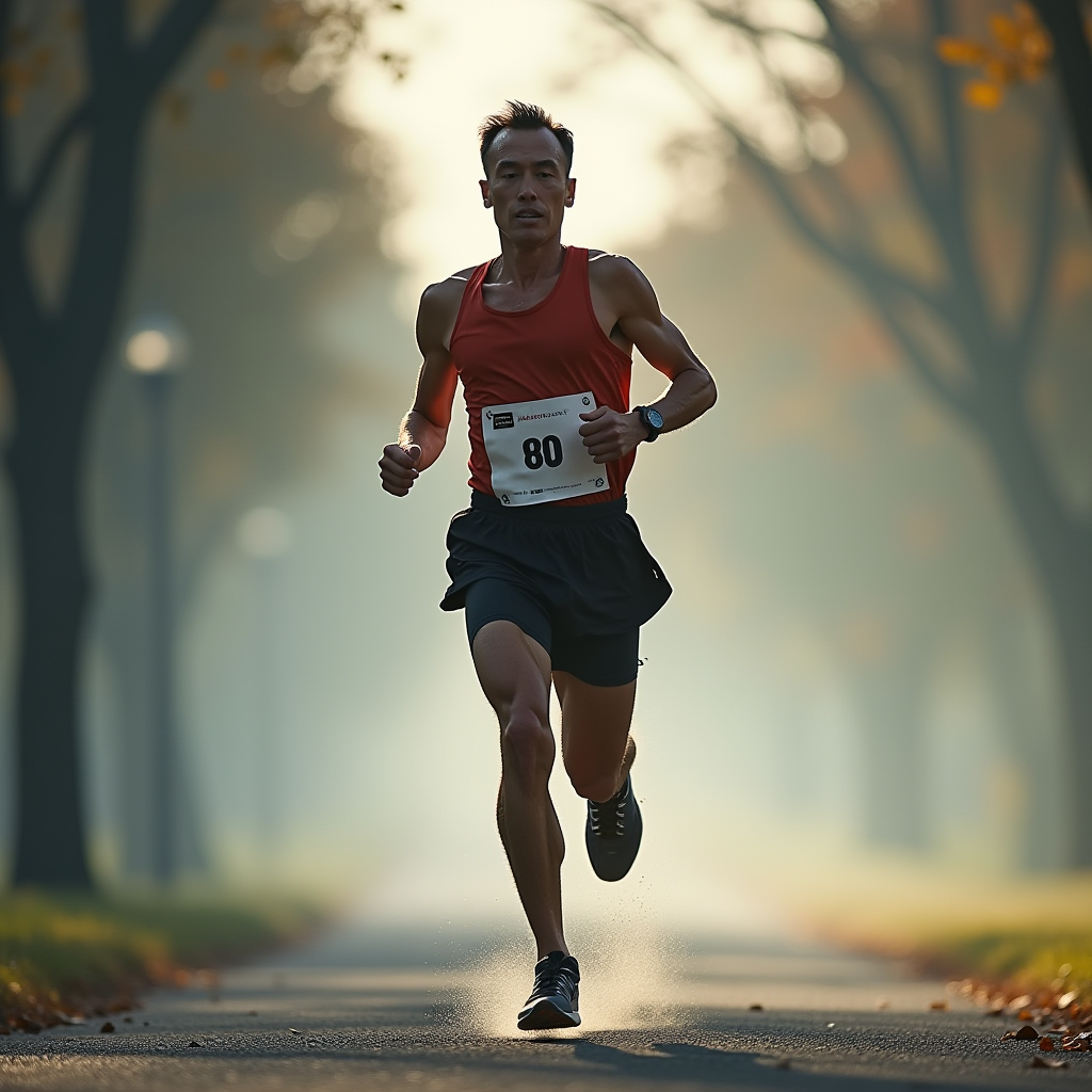 Action-packed photo of a runner, mid-stride, determined expression