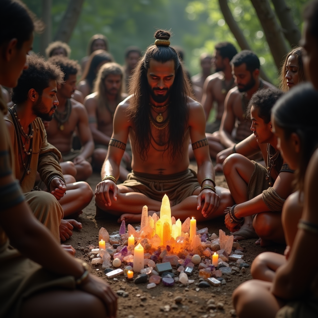 An ancient shaman performing a crystal healing ceremony, surrounded by tribal members in traditional attire