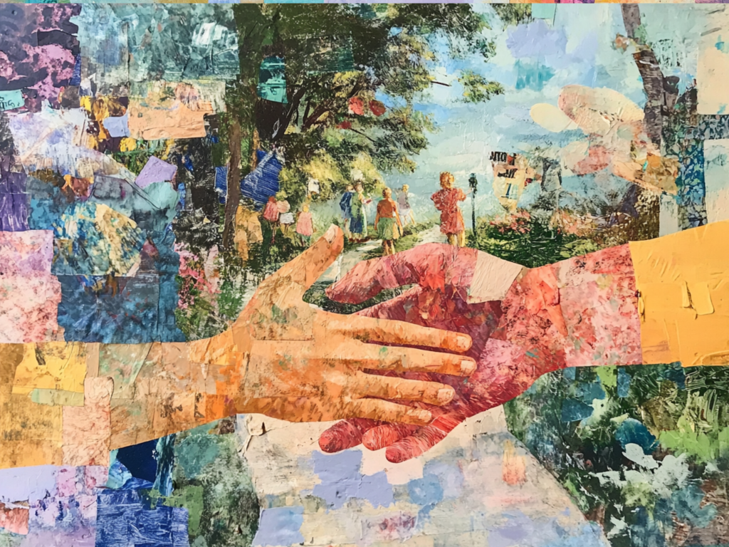 An artistic collage featuring symbols of friendship like intertwined hands, smiling faces, and shared activities