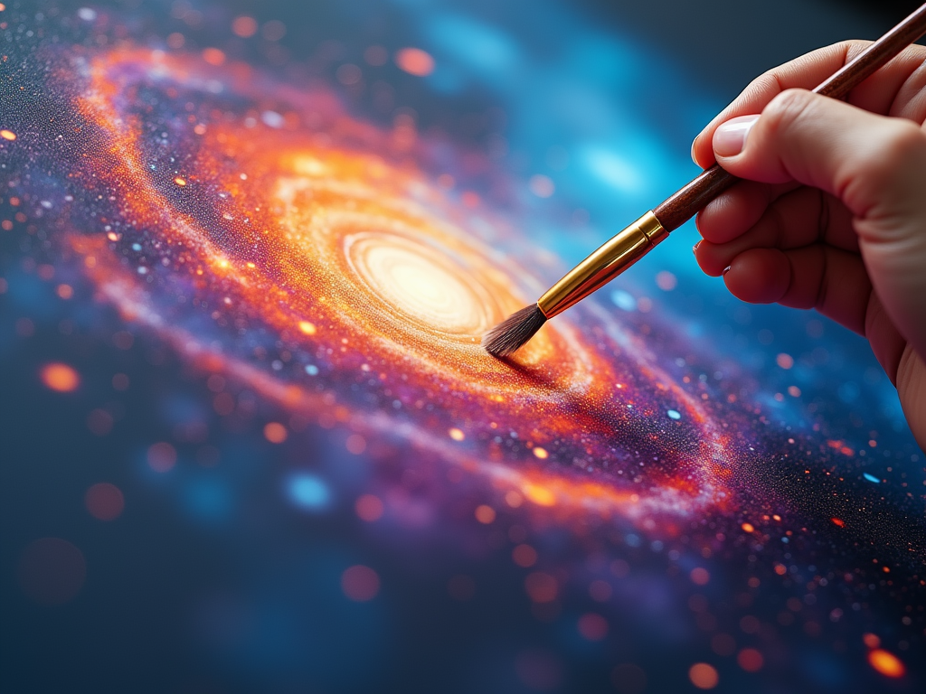 An artists hand holding a paintbrush, creating a vivid, swirling galaxy of colors