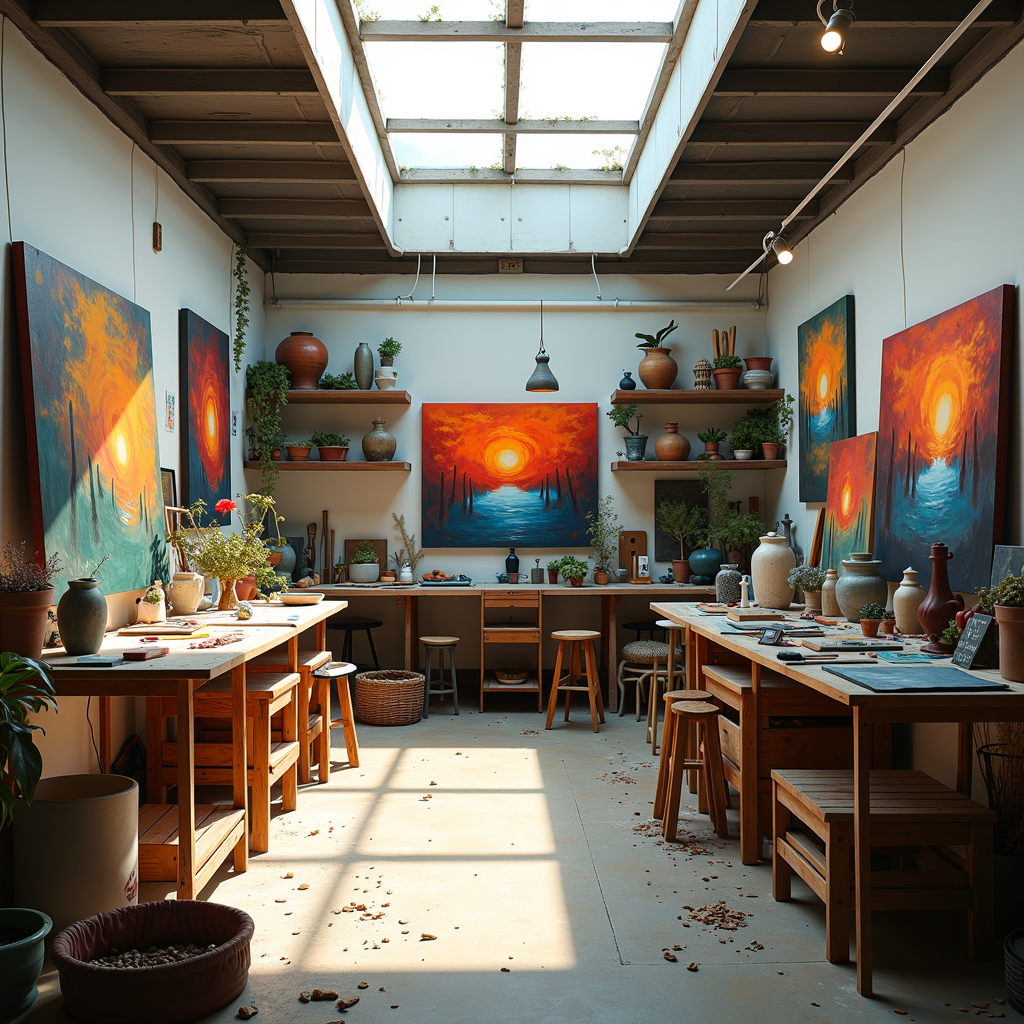 An artist's studio filled with vibrant paintings, sculptures, and art supplies, bathed in natural light from a large skylight above