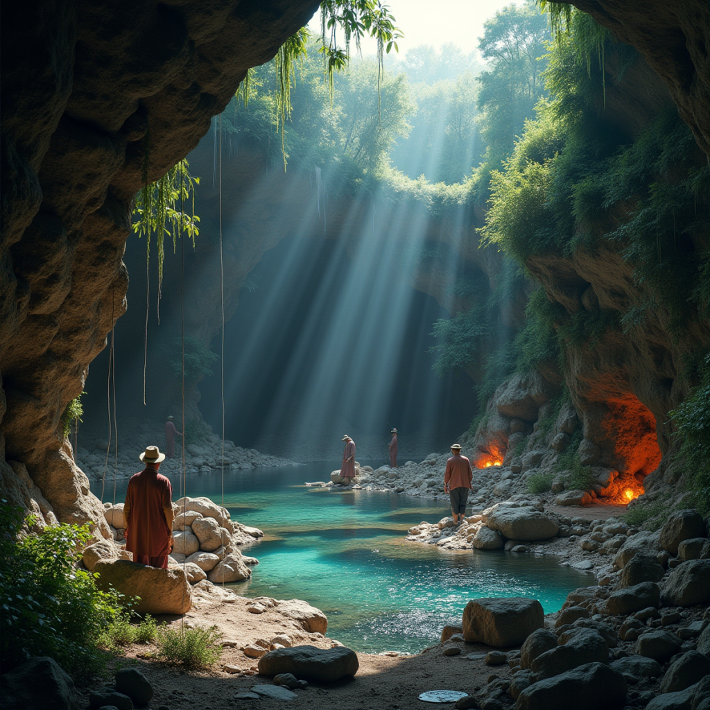 An eco-friendly crystal mine with workers carefully extracting gems using sustainable methods, surrounded by lush, restored landscape