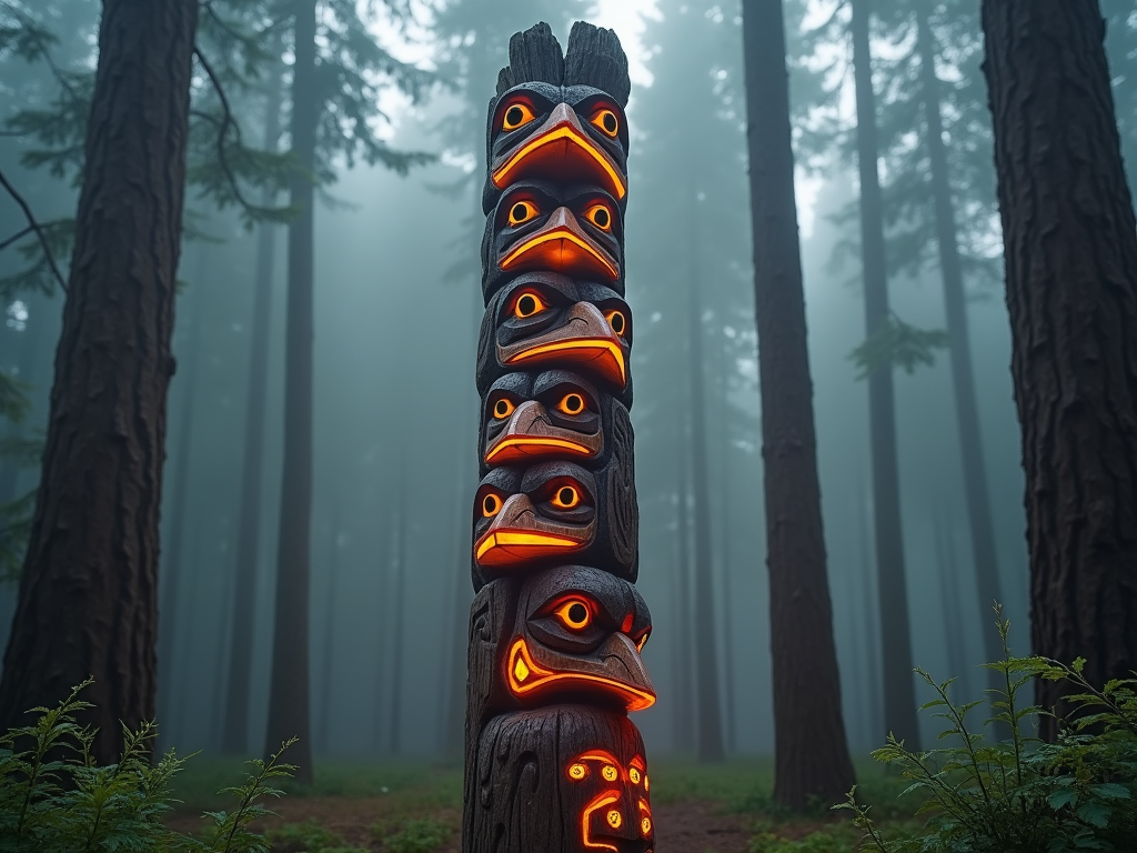 An intricately carved wooden totem pole featuring various spirit animals