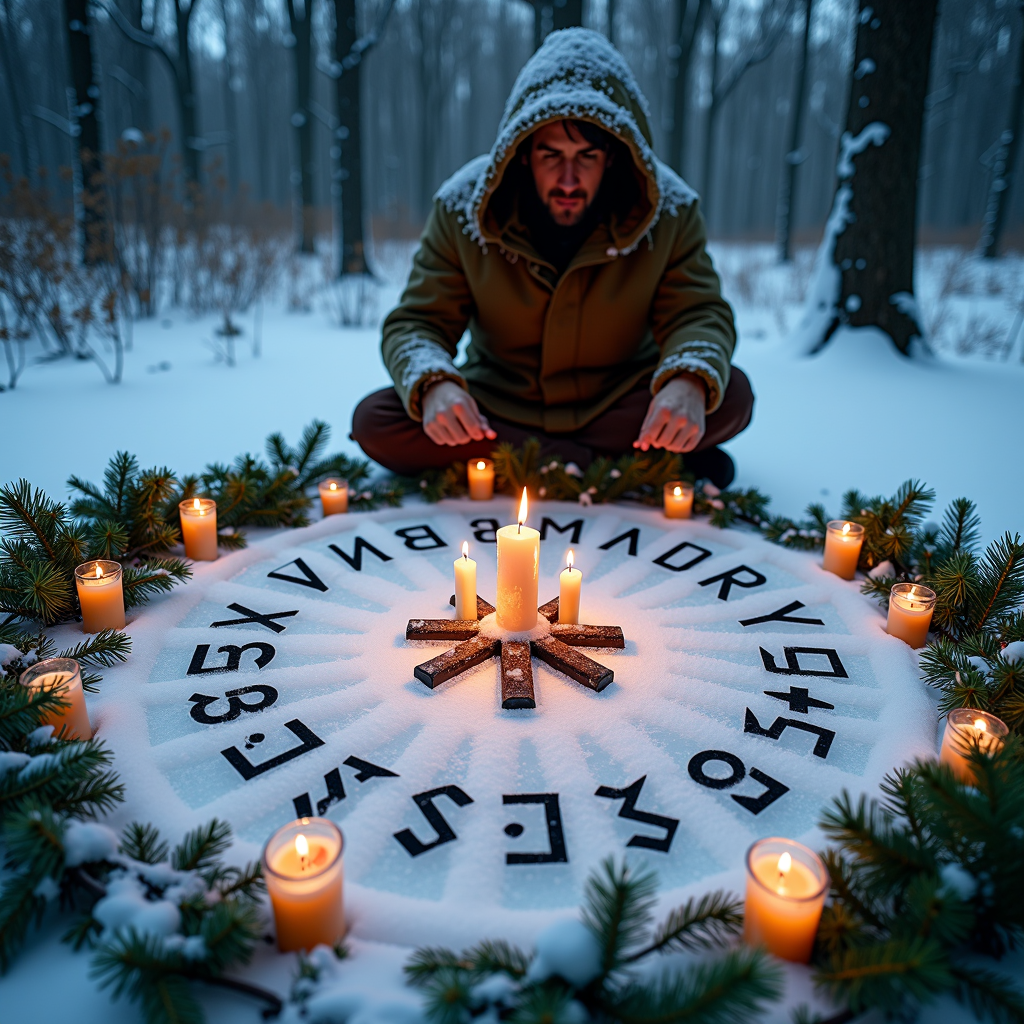 Ancient Norse runes carved into ice, surrounded by burning candles and evergreen branches, as a shaman performs a snow ritual