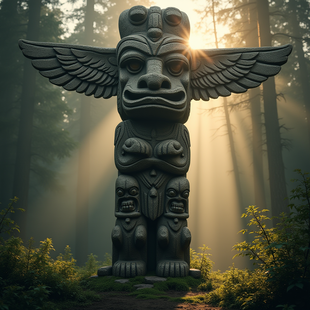 Ancient totem pole with intricate animal carvings, mystical forest backdrop, ethereal mist, golden sunlight filtering through trees