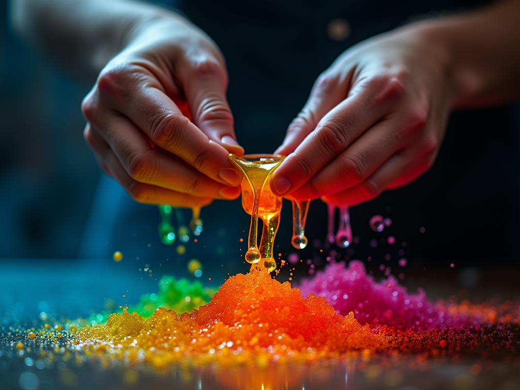 Artistic photo of hands mixing colorful oils, droplets in motion, vibrant colors