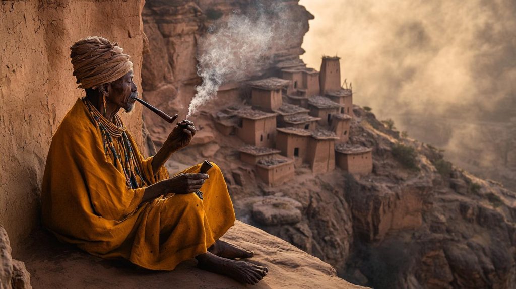 Atmospheric photo of a Dogon elder, elaborate mud cloth robes, smoking ceremonial pipe, meditating