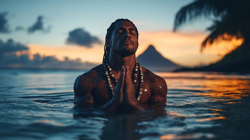 Atmospheric photo of a Tahitian Huna master, channeling mana energy, glowing aura, eyes closed