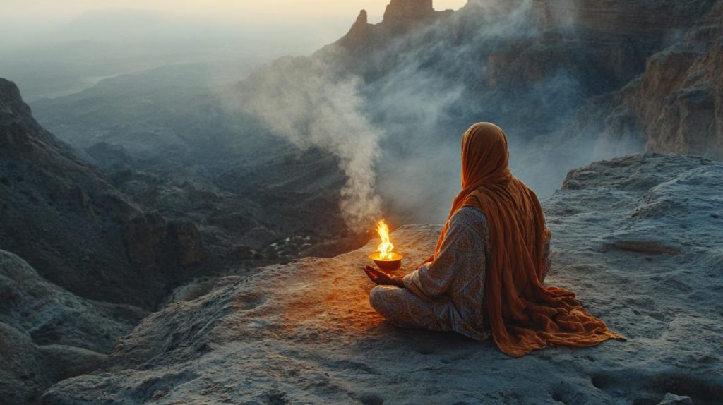 Atmospheric photo of a solitary Zoroastrian devotee, tending eternal flame, intricate embroidered_4