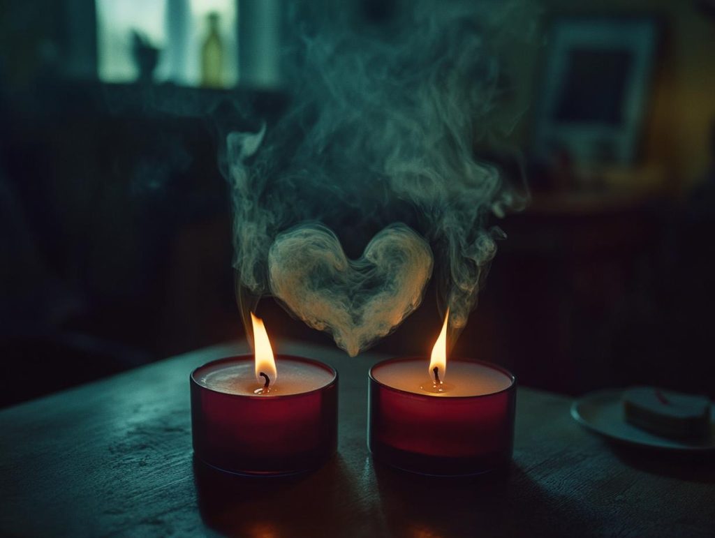 Atmospheric photo of candles and incense smoke forming heart shapes, artful arrangement, dimly lit