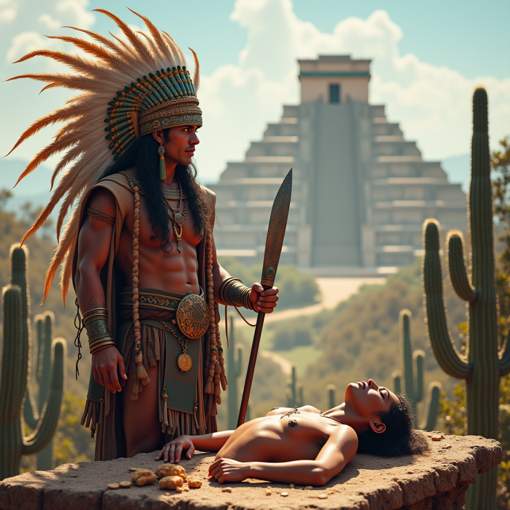 Aztec priest in feathered headdress holding obsidian knife, human sacrifice on altar, peyote cactus growing nearby, Tenochtitlan in background