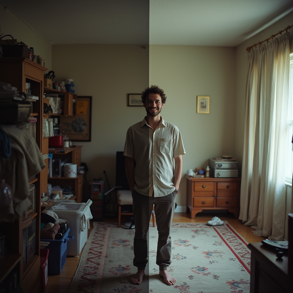 Before and after photo of a split screen, cluttered room vs. clean room, transformation, person smiling in clean side