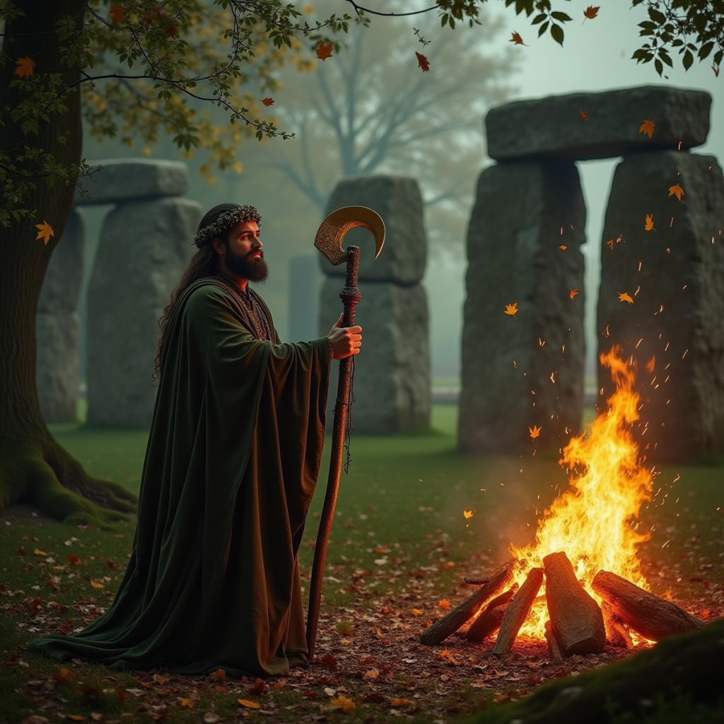 Celtic Druid performing ritual at Stonehenge