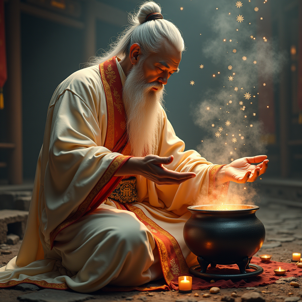 Chinese Taoist alchemist in flowing robes manipulating Feng Shui elements, I Ching hexagrams floating, immortality elixir bubbling in cauldron