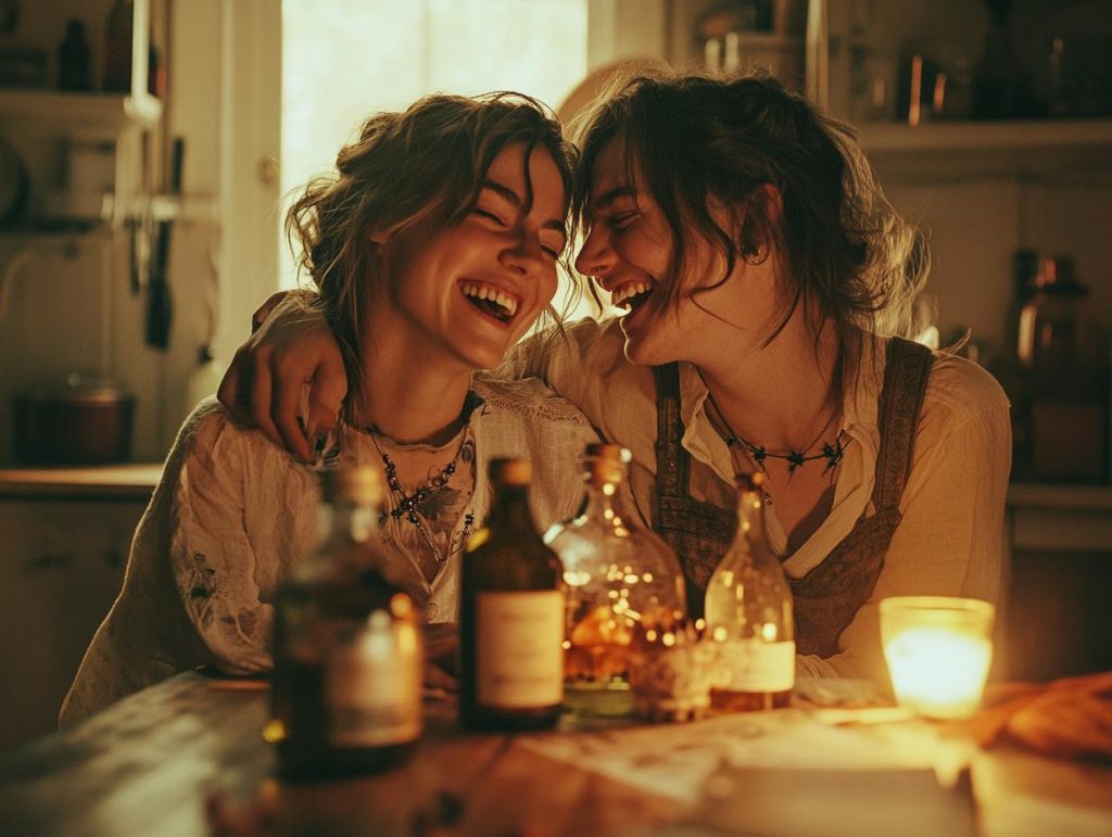 Cinematic photo of a couple holding love potion bottles, magical ingredients scattered around