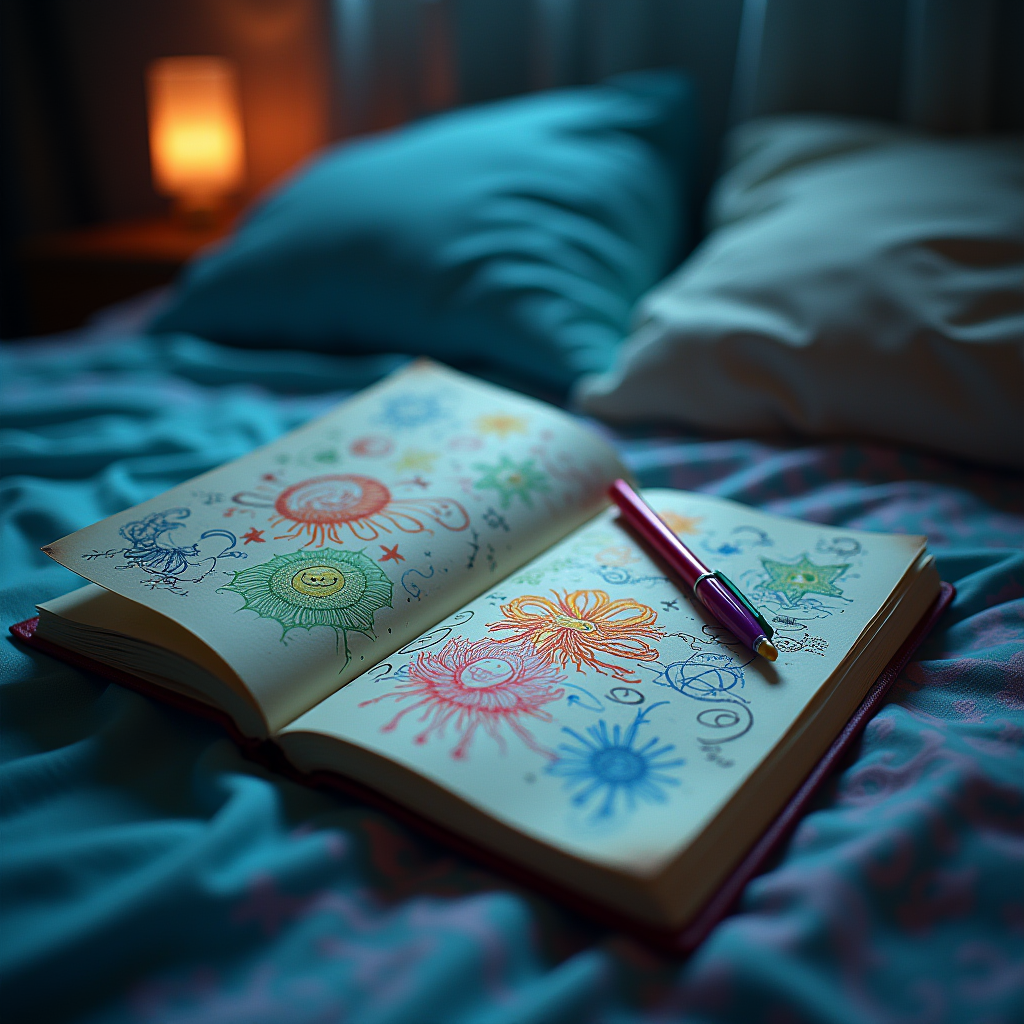 Cinematic photo of a dream journal, colorful gel pens, vibrant sketches, floating dream symbols, open on a messy bed