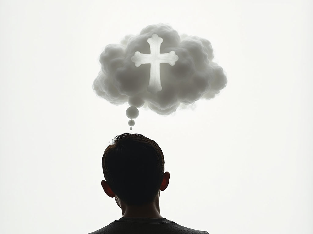 Conceptual photo of a thought bubble containing both religious symbols and manifestation imagery