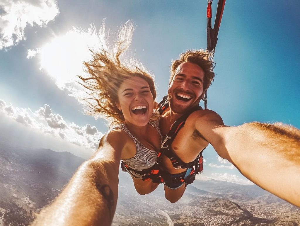 Couple bungee jumping together, exhilarated expressions, hands clasped tightly