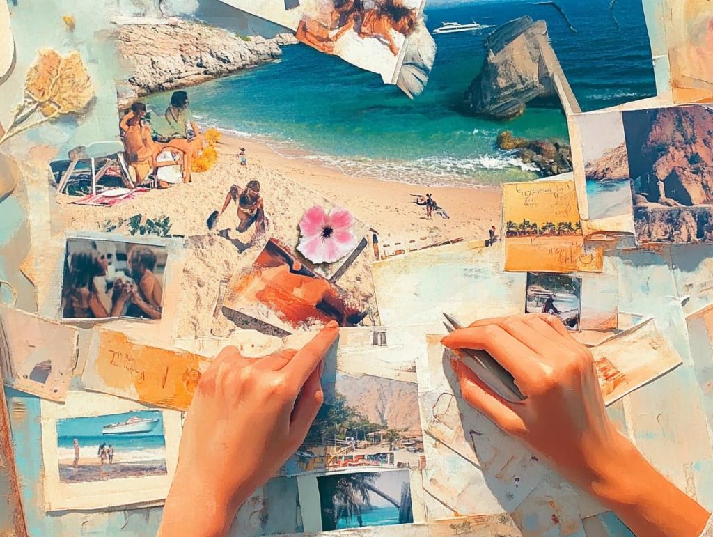 Couple creating scrapbook of summer memories, ticket stubs, pressed flowers, photos