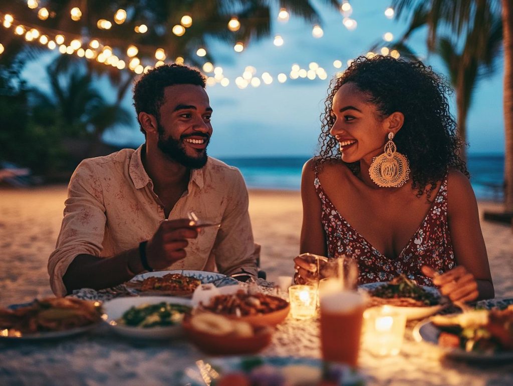 Couple from different cultures sharing traditional meals, curious expressions