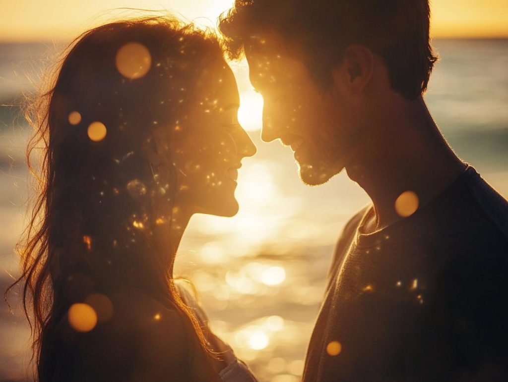 Couple visualizing ideal partner, radiating warm energy, surrounded by shimmering golden light