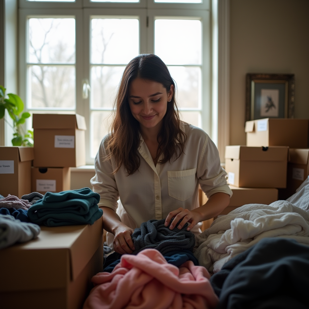 Donation day photo of a person surrounded by donation boxes, sorting clothes, decluttering process, satisfied expression