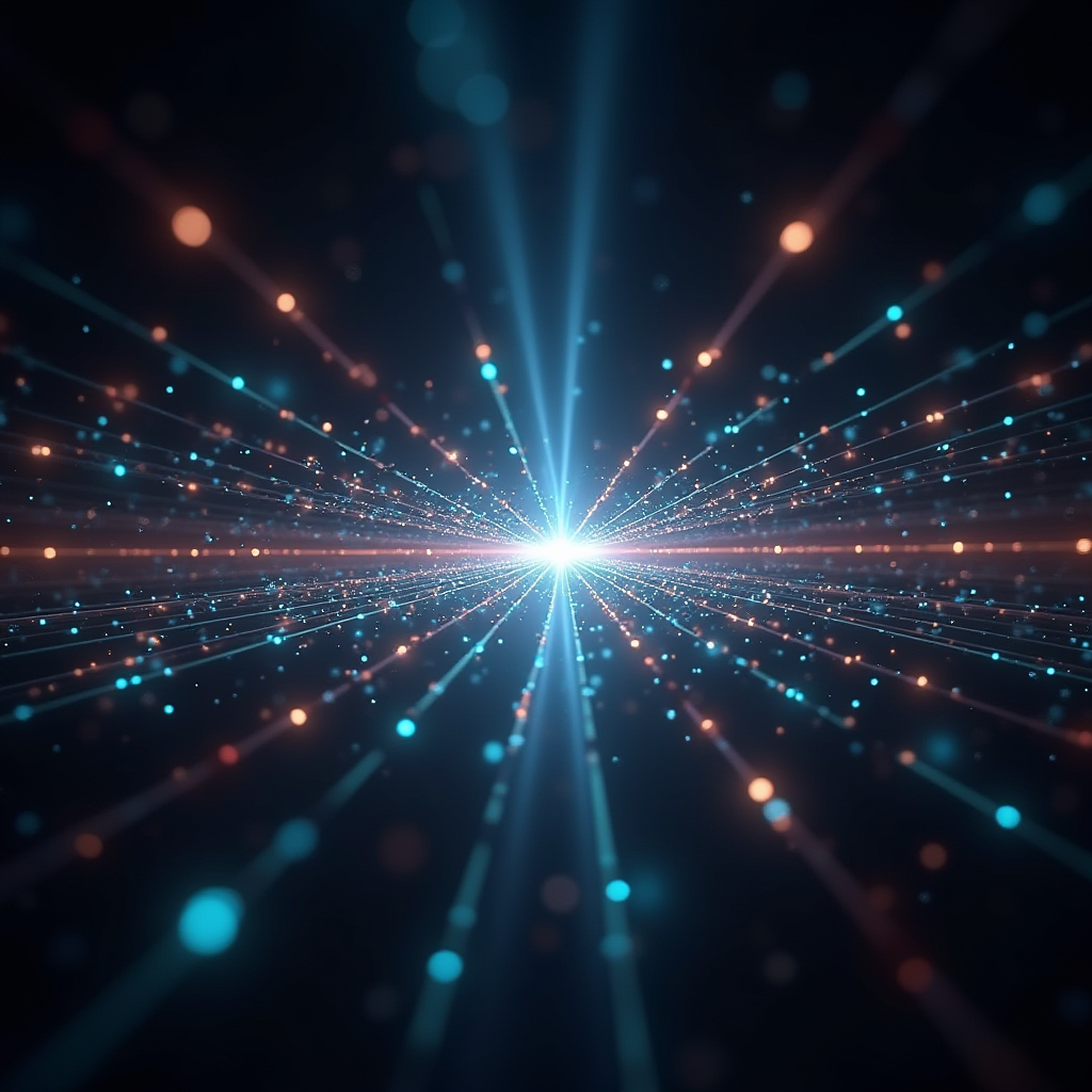 Double-slit experiment setup with photons creating an interference pattern, observer's eyes causing wave function collapse, particles becoming defined