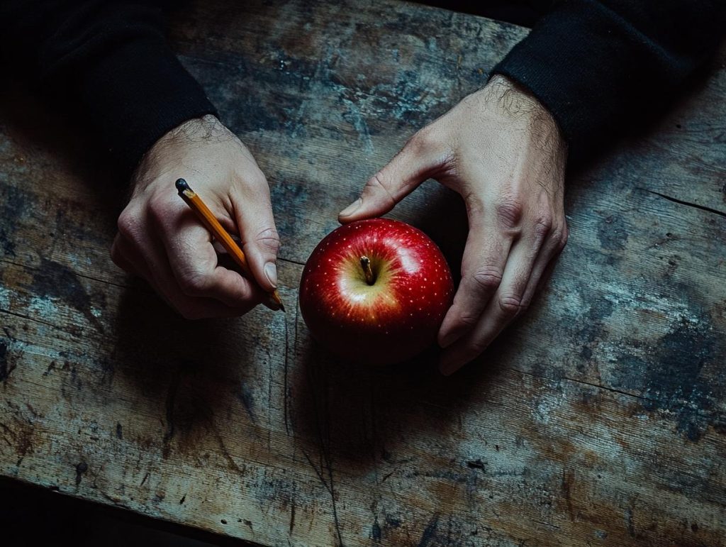 Dreamy photo of hands writing a love spell on a red apple, close-up shot, rustic wooden table