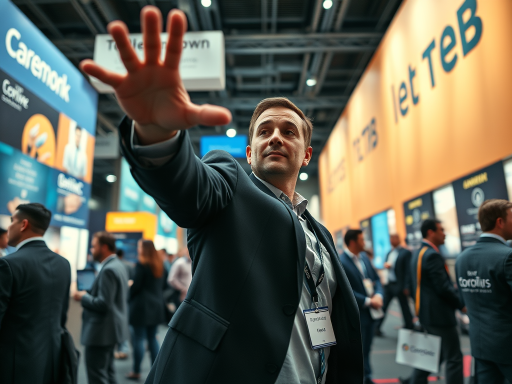 Dynamic photo of an individual businessman, networking at a bustling tech conference