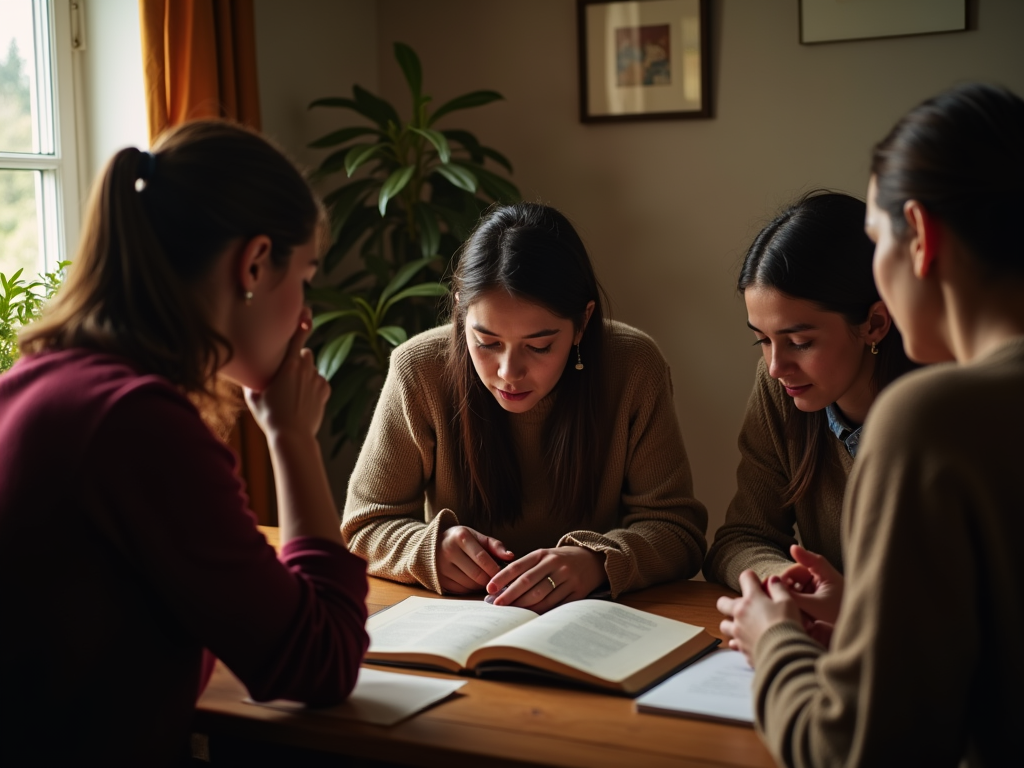 Editorial photo of a diverse group studying a bible and vision board together, engaged expression