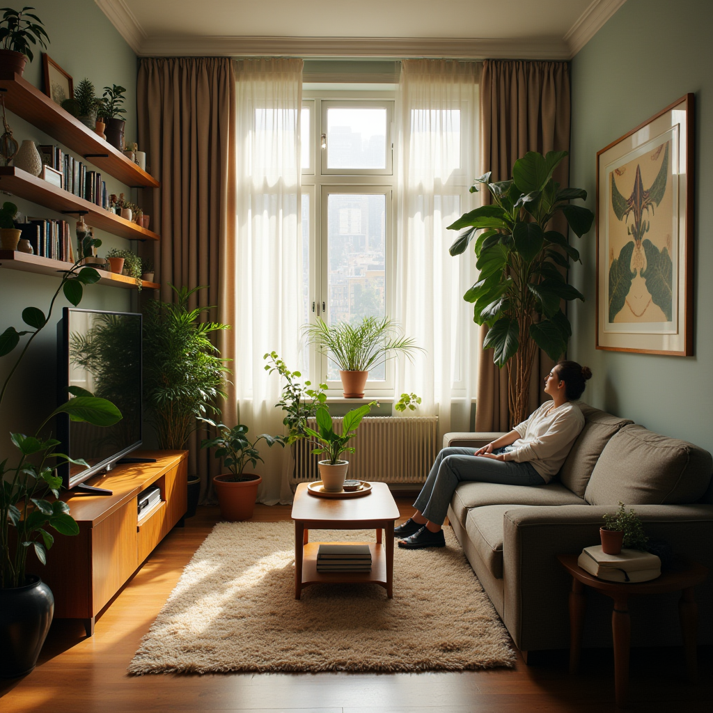 Feng shui inspired photo of a harmonious living space, balanced furniture arrangement, indoor plants, person relaxing