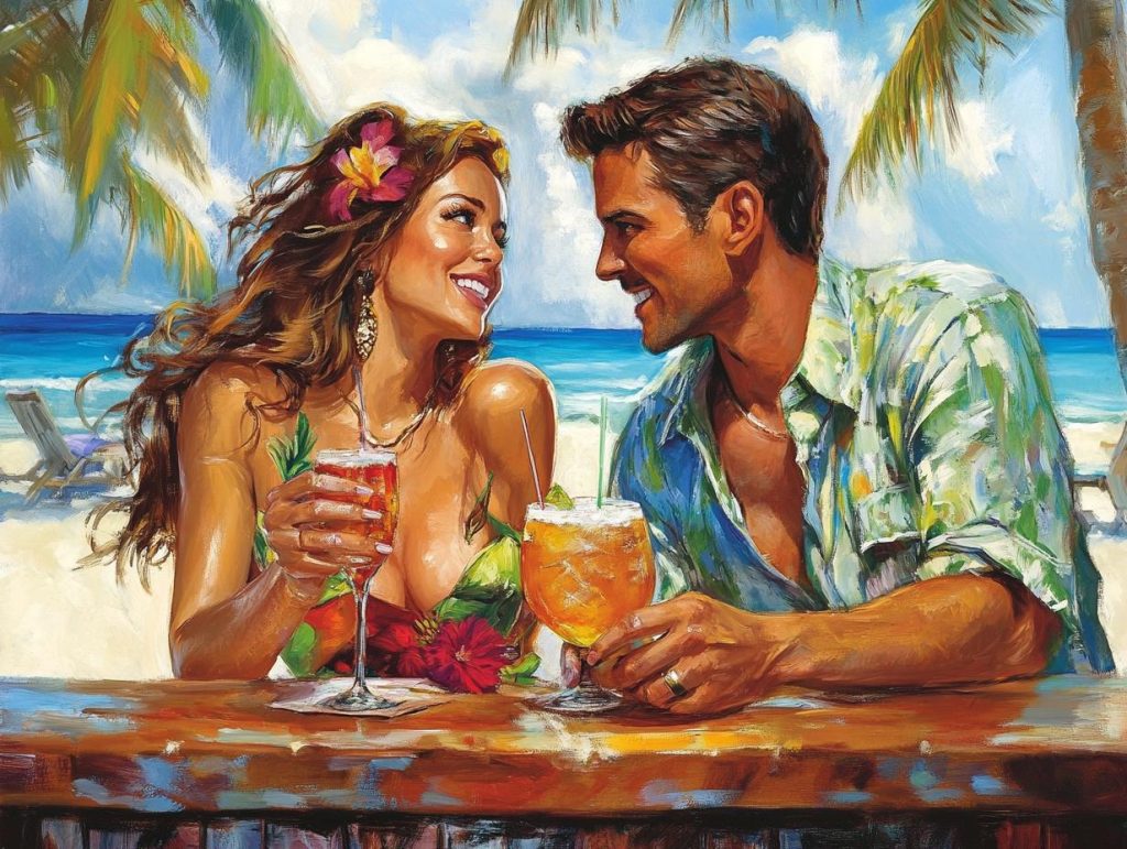 Flirtatious couple at beachside bar, playful banter, eyes locked, body language open and inviting