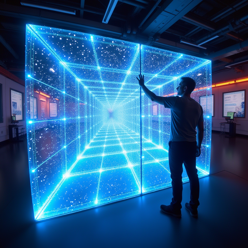 Futuristic photo of a holographic crystal grid, interactive display, user manipulating energy fields