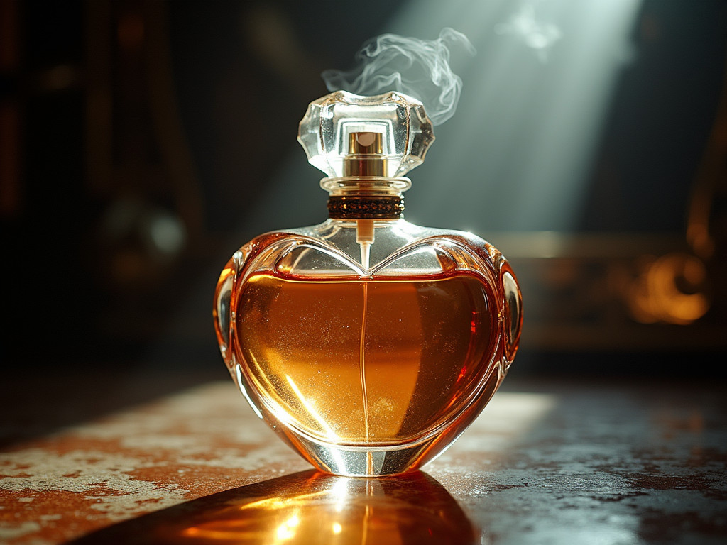 Glamorous photo of a perfume bottle with swirling vapor, heart shape, crystal clarity