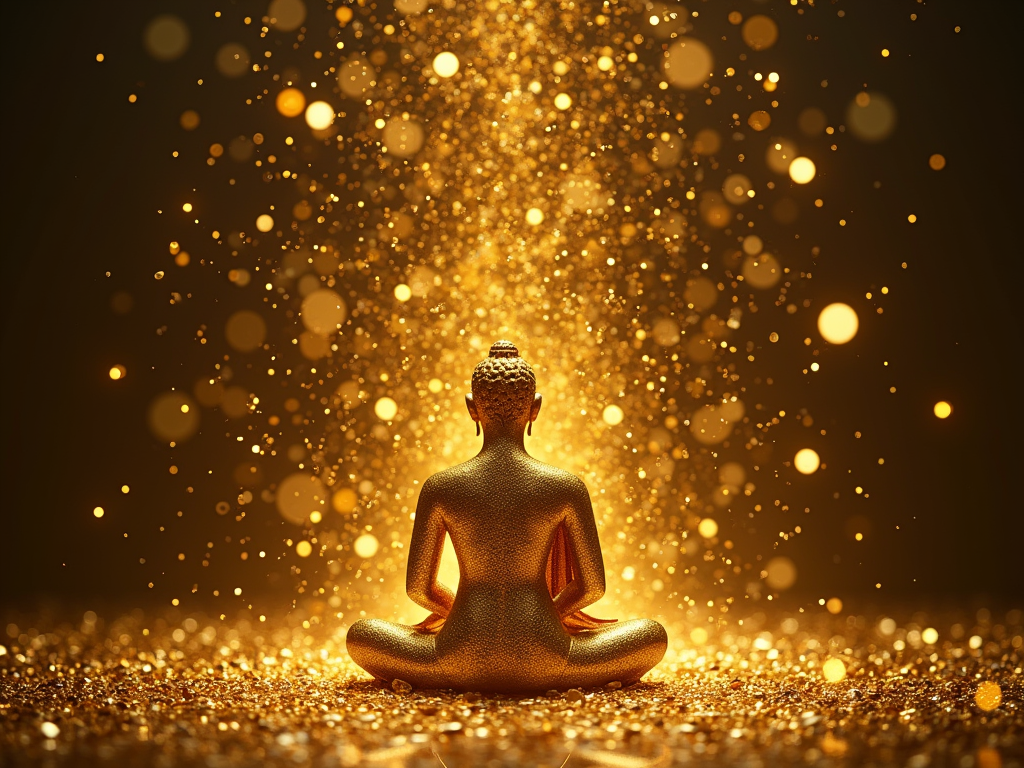 Golden affirmations floating around a meditating figure, gradually transforming into tangible wealth