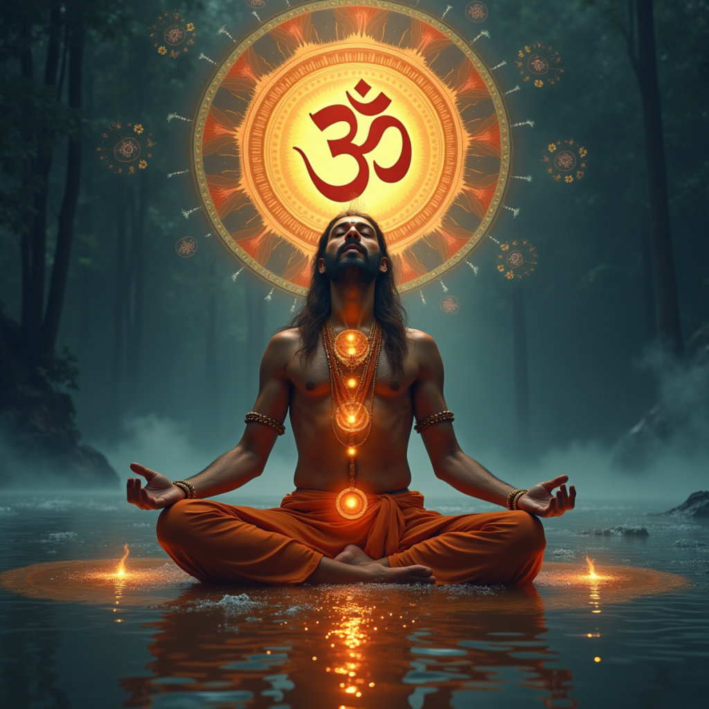 Hindu yogi in deep meditation, chakras glowing, sacred Om symbol resonating, yantra patterns forming in the air, Ganges River flowing