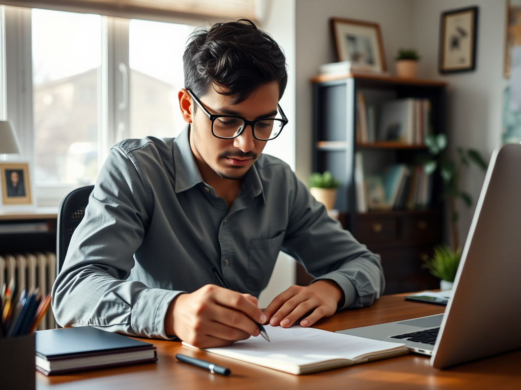 Inspirational photo of a professional, writing affirmations, at a home office desk